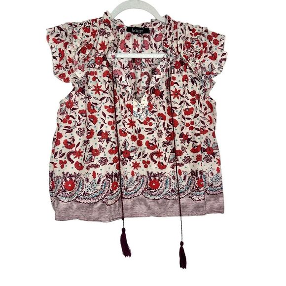 Kourt Blouse Small Red Tassel Tie Neck Flutter Sleeve Floral Cotton top boho - Picture 6 of 14
